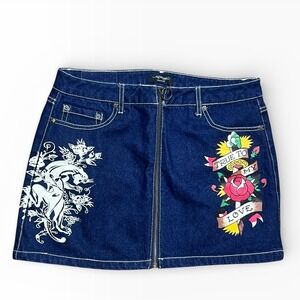 Ed Hardy Denim Mini Skirt Y2K Panther Rose Tattoo Blue Size Large Full Zip Retro
